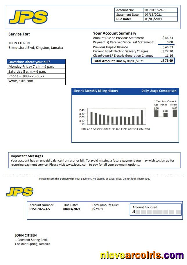 Jamaica Public Service JPS electricity utility bill